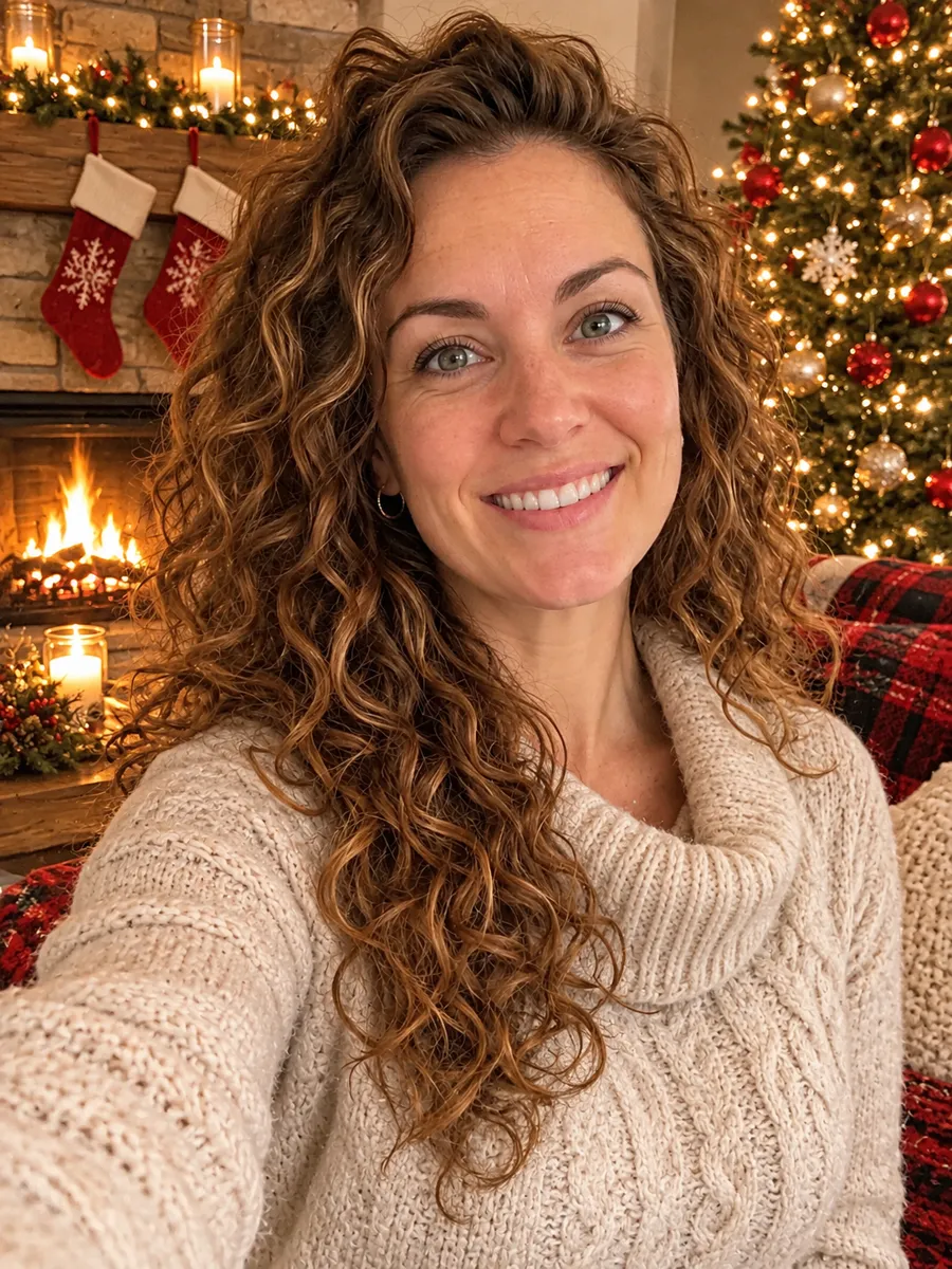 AI Christmas photo example in the Cozy Fireplace style