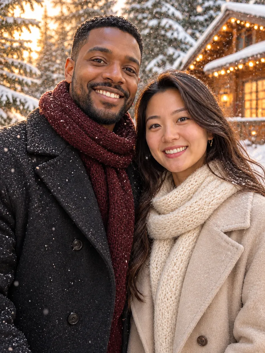 AI Christmas photo example in the Snowy Cabin style