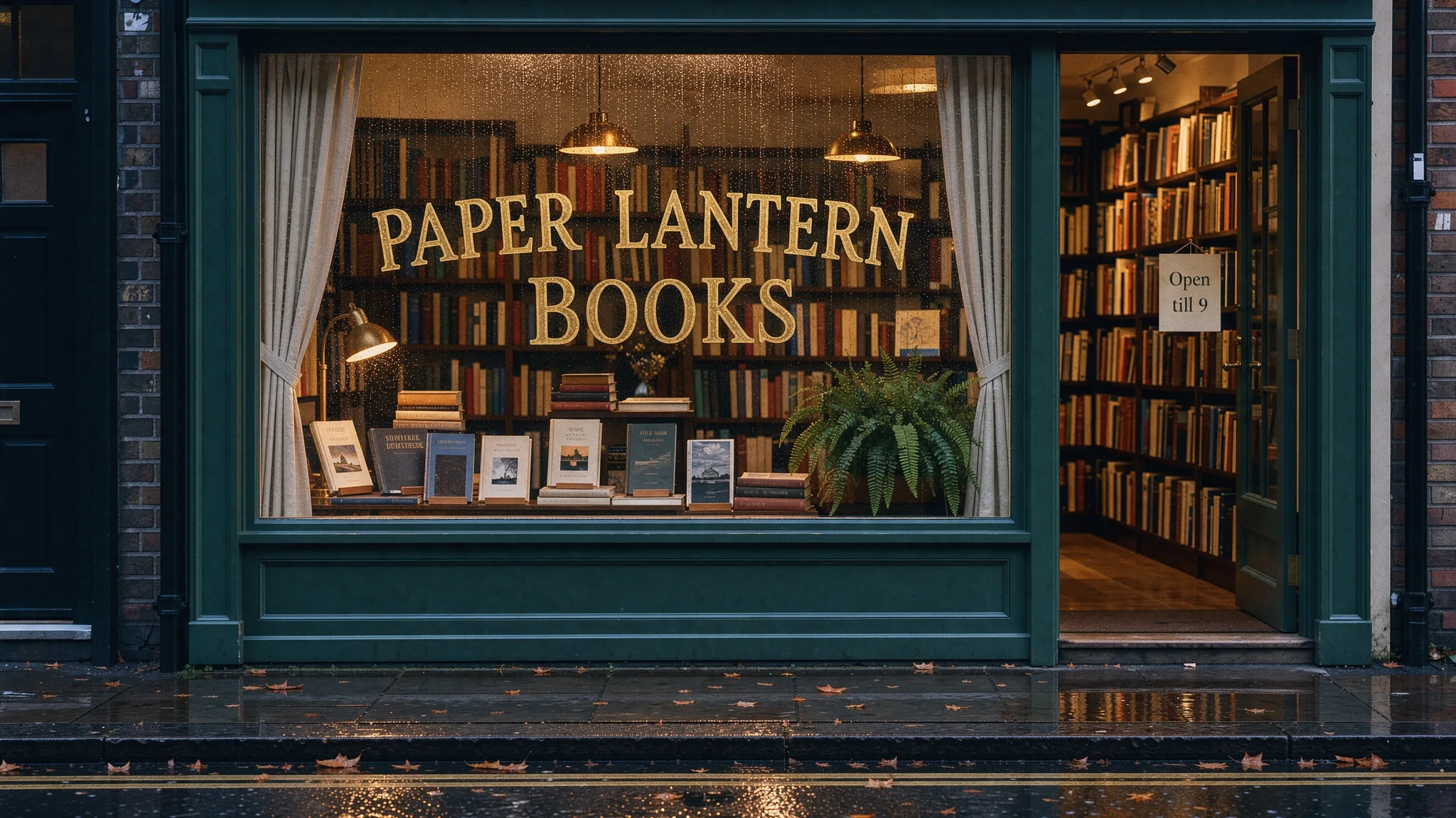2K photo of a bookshop window with gold lettering PAPER LANTERN BOOKS and a door sign that reads Open till 9, generated by FLUX 3 Image
