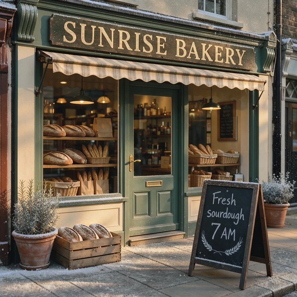 After: the same storefront in the snow with a sign that reads SUNRISE BAKERY