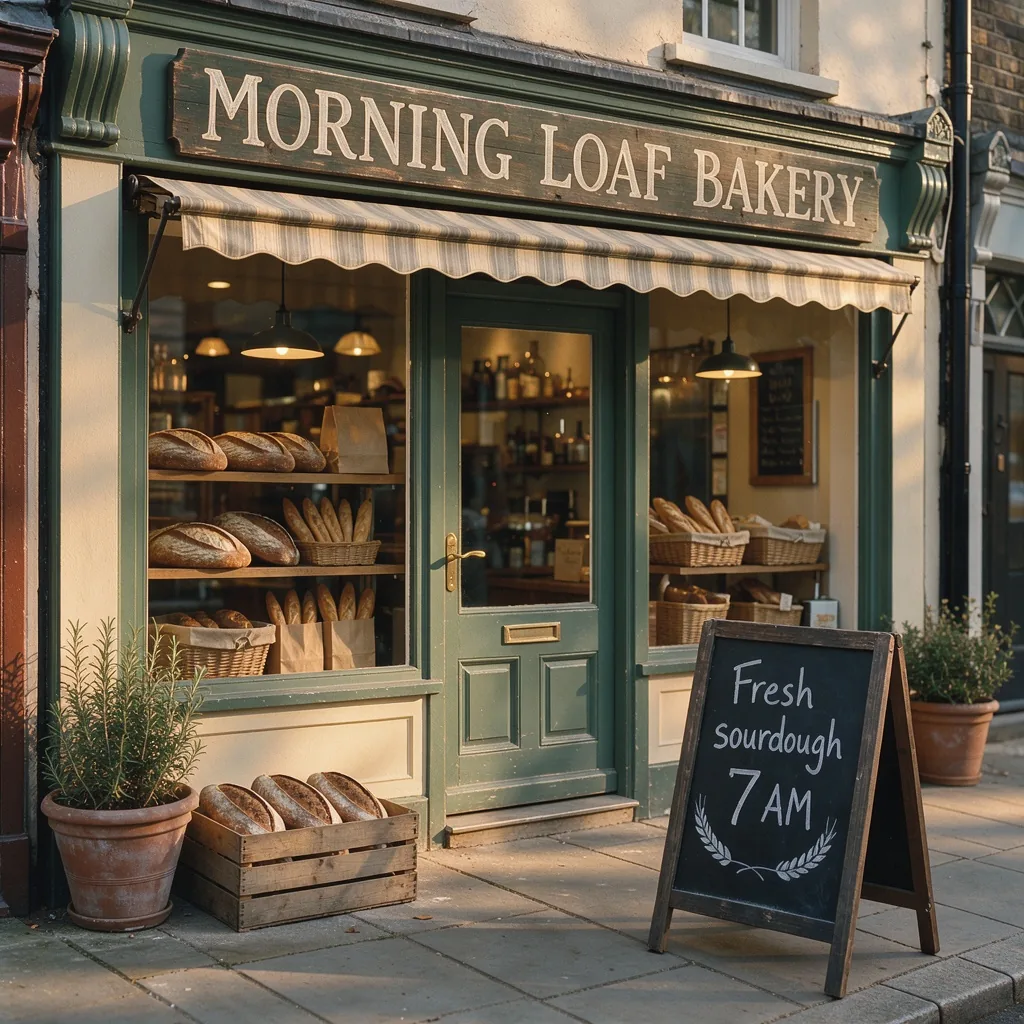 Before: bakery storefront with a sign that reads MORNING LOAF BAKERY at golden hour