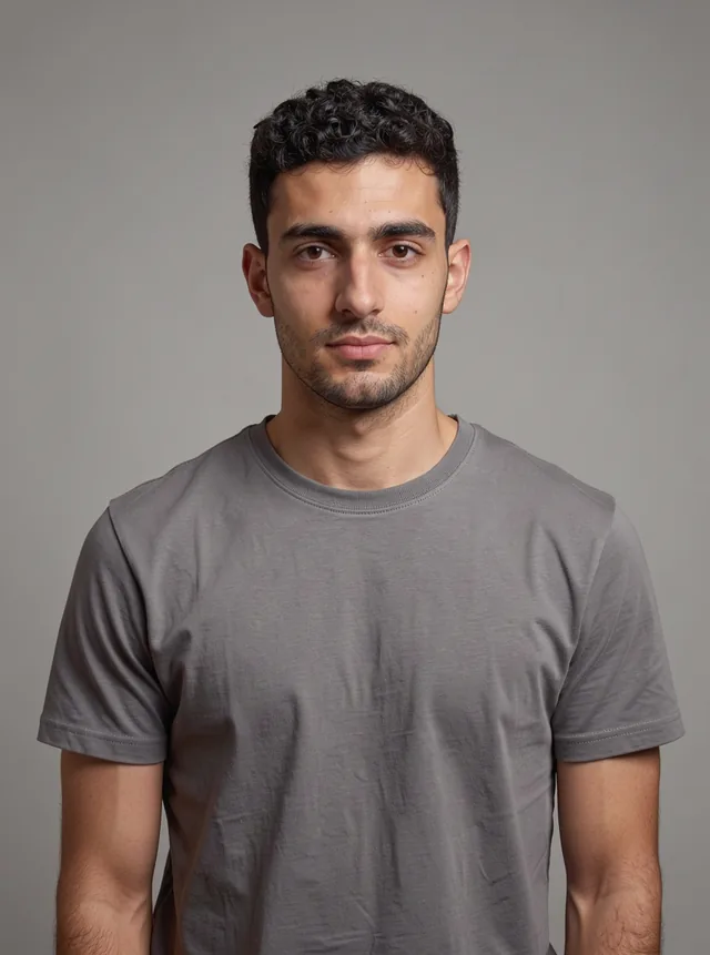 Reference photo of a man with short curly hair in a grey t-shirt