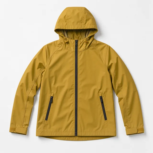 Reference photo of a mustard yellow rain jacket on a white background