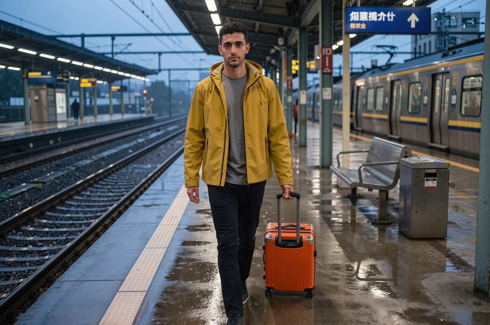 The same man wearing the yellow rain jacket and pulling the orange suitcase along a rainy train platform at dusk