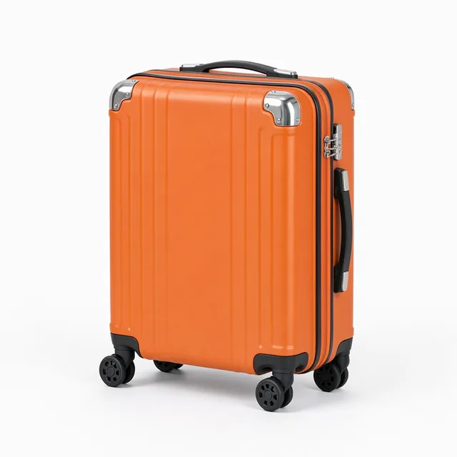 Reference photo of an orange hard-shell suitcase on a white background