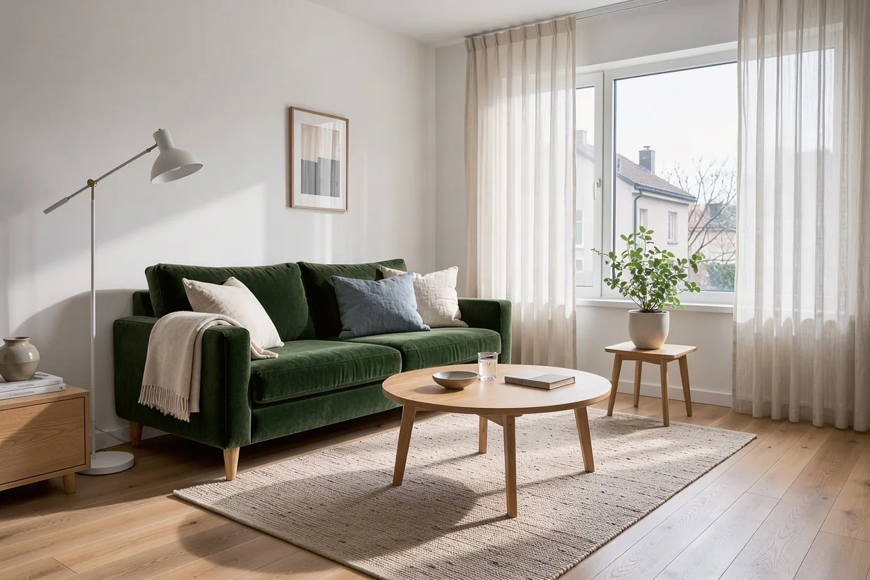 The same living room after the first edit, the sofa is now dark green velvet