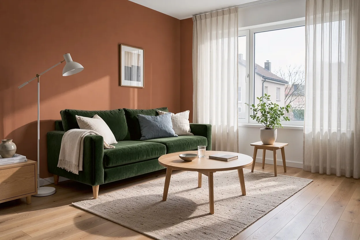 The same living room after the second edit, the wall behind the sofa is now terracotta