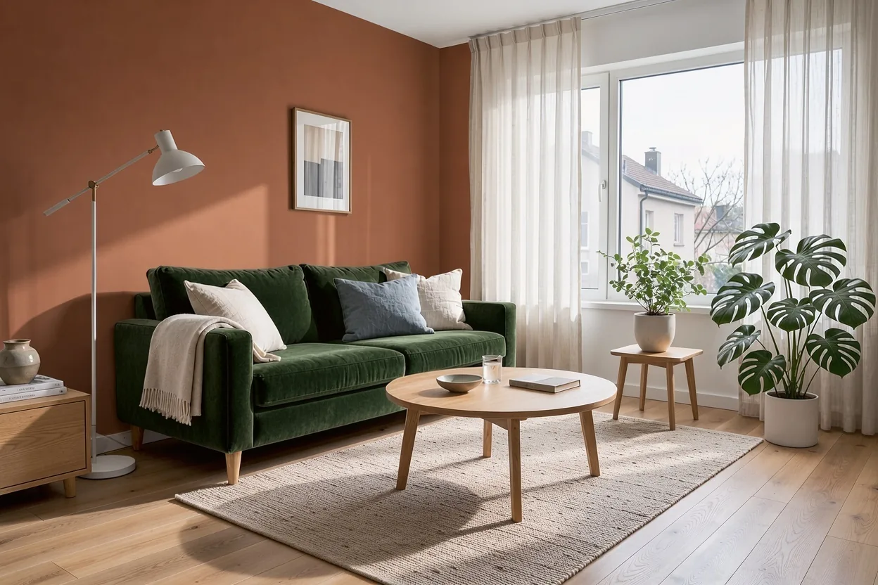 The same living room after the third edit, a tall monstera plant stands in the right corner