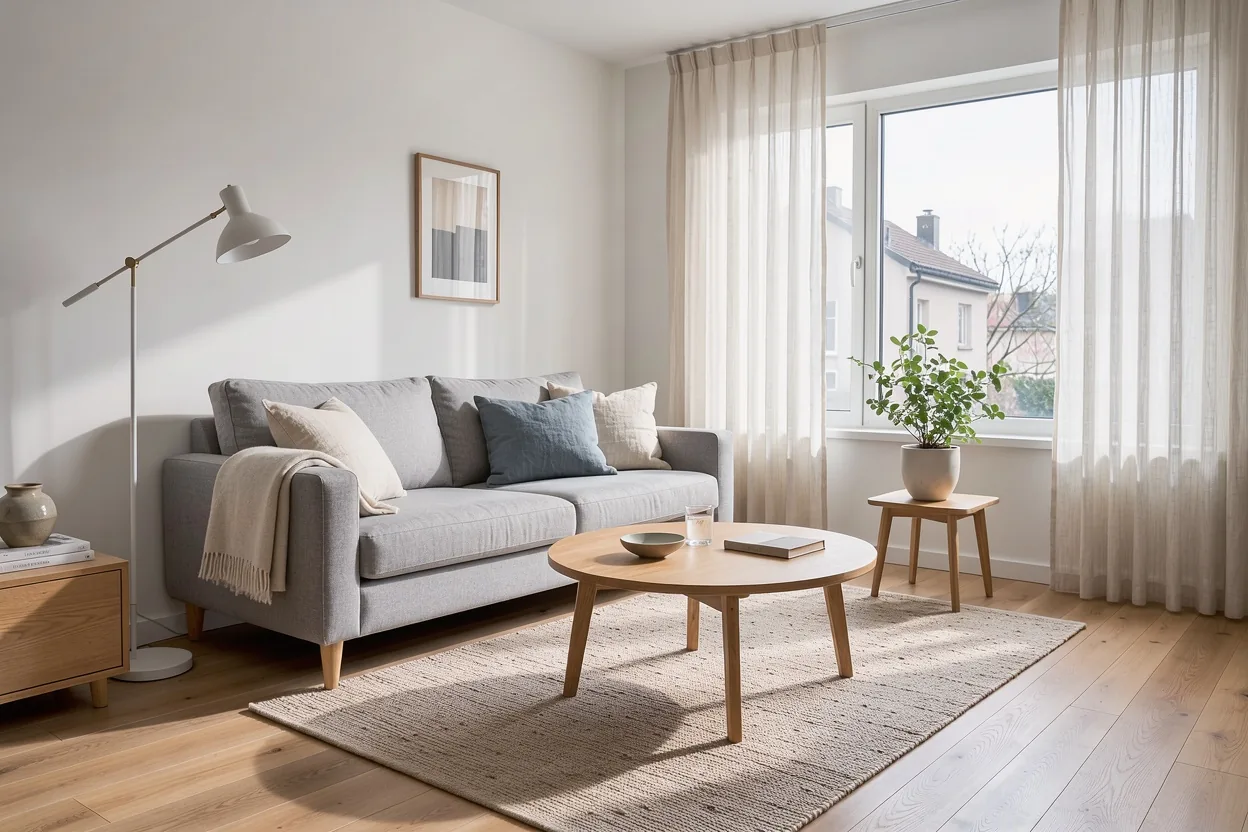 Bright Scandinavian living room with a light grey sofa, a round oak coffee table and a floor lamp