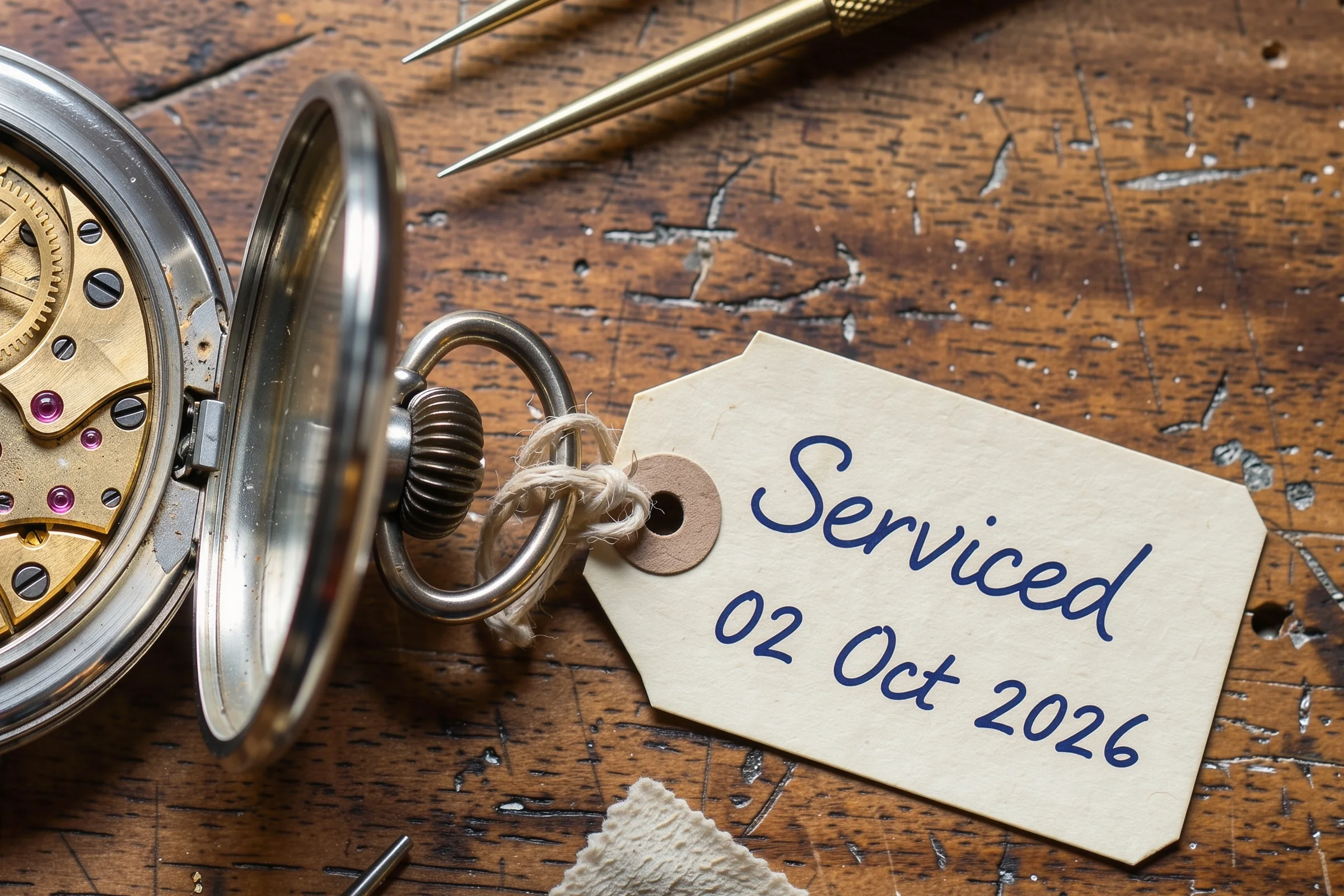 Crop of the same 4K image showing the watch case and the handwritten tag that reads Serviced 02 Oct 2026