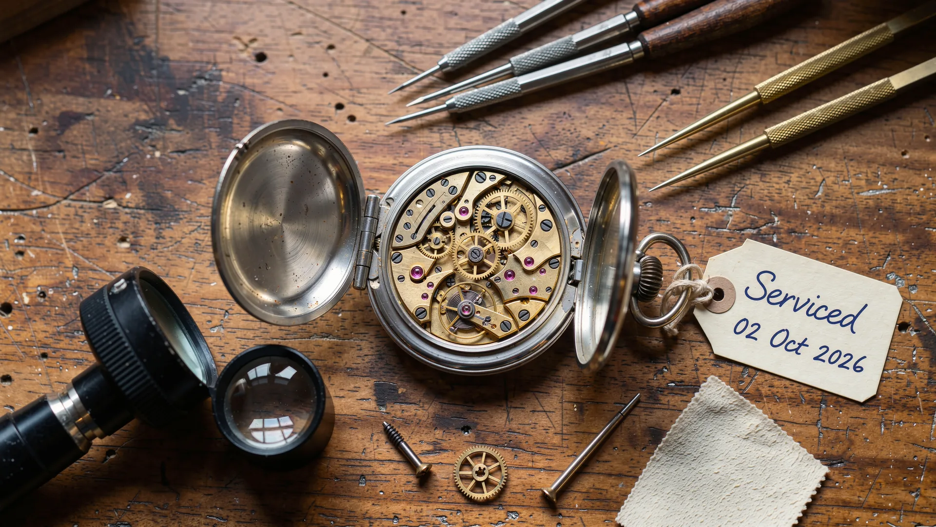 4K photo of a watchmaker's workbench with an open pocket watch, tools and a paper tag, generated by FLUX 3 Image