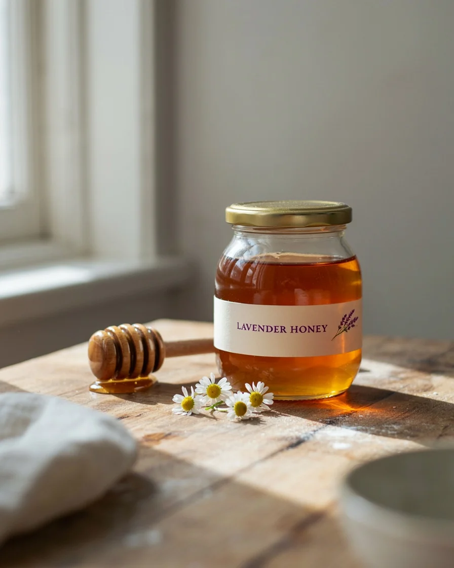 After: the same jar with a label that reads Lavender Honey and a small lavender sprig