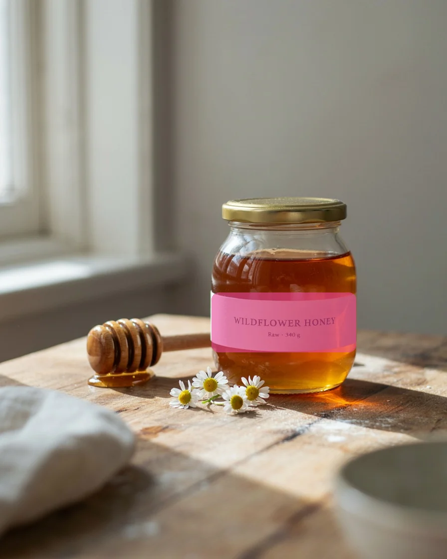 Before: honey jar with a label that reads Wildflower Honey, the label painted over as the area to edit