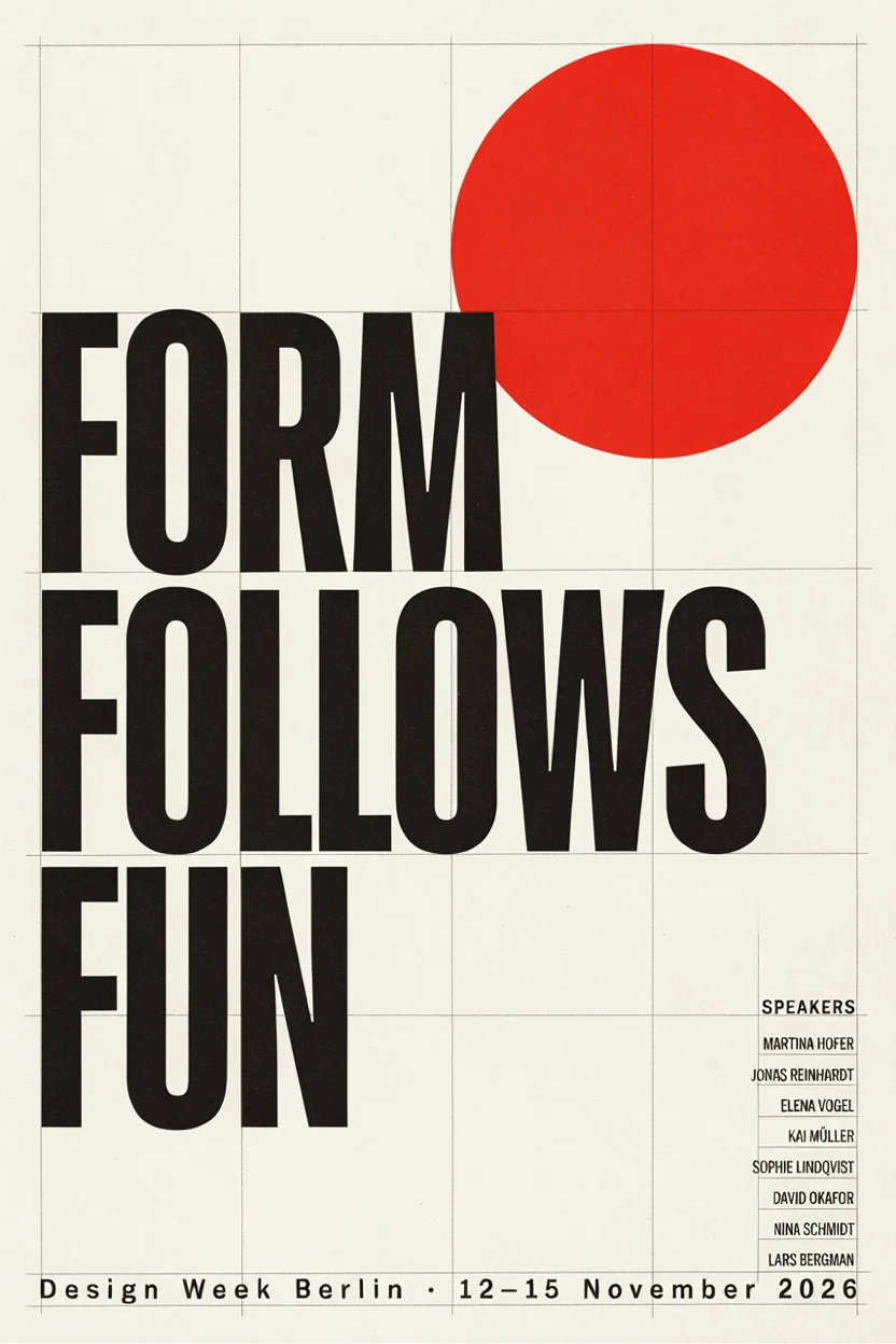 AI-generated Swiss-style poster with the headline Form Follows Fun, a red circle and a column of speaker names