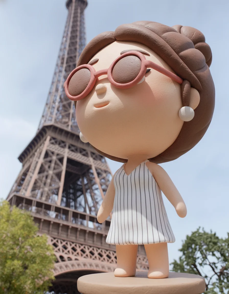 After: a 3D clay chibi figurine of her standing in front of the Eiffel Tower