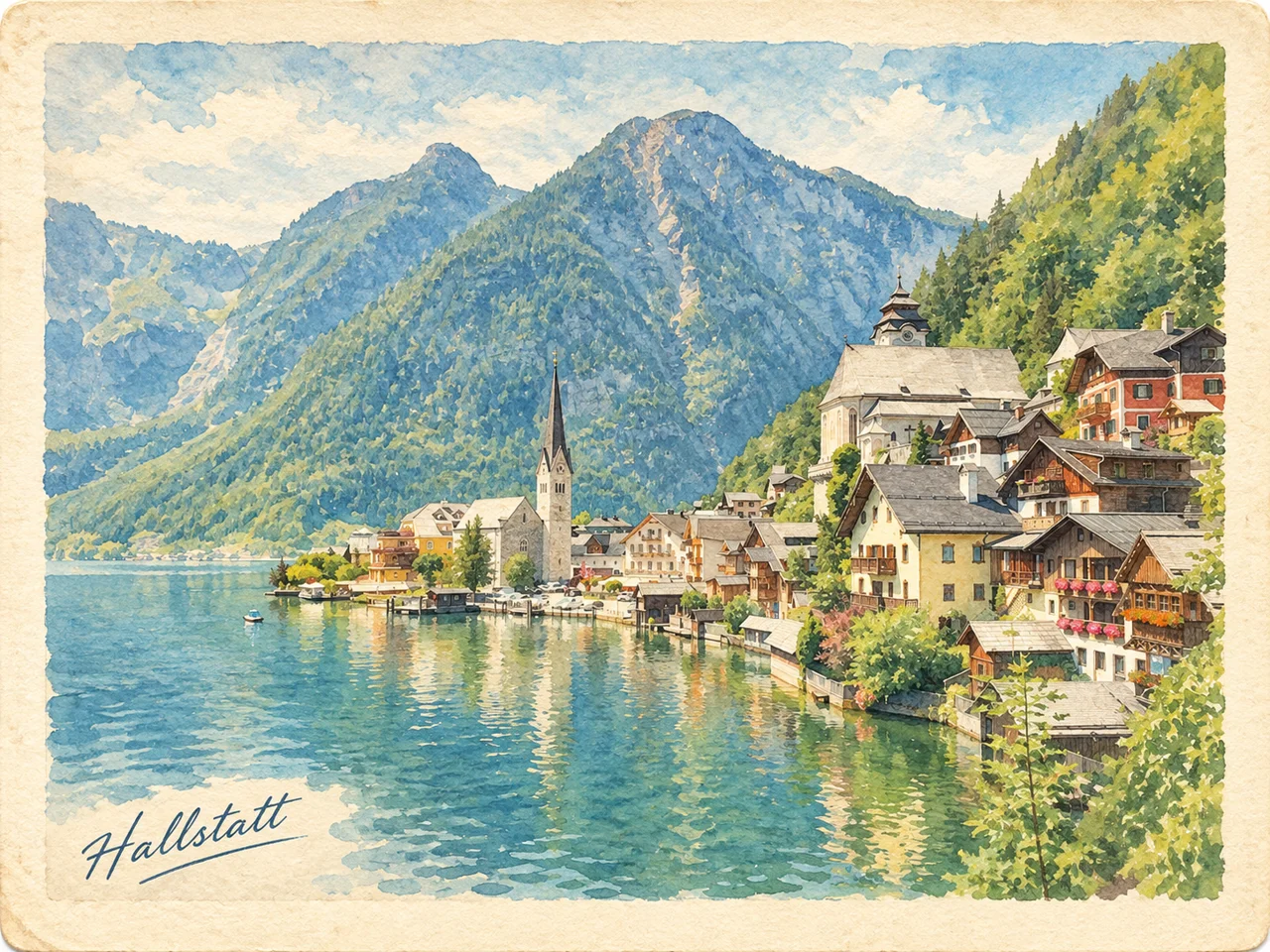 After: a watercolor postcard of Hallstatt with a handwritten title