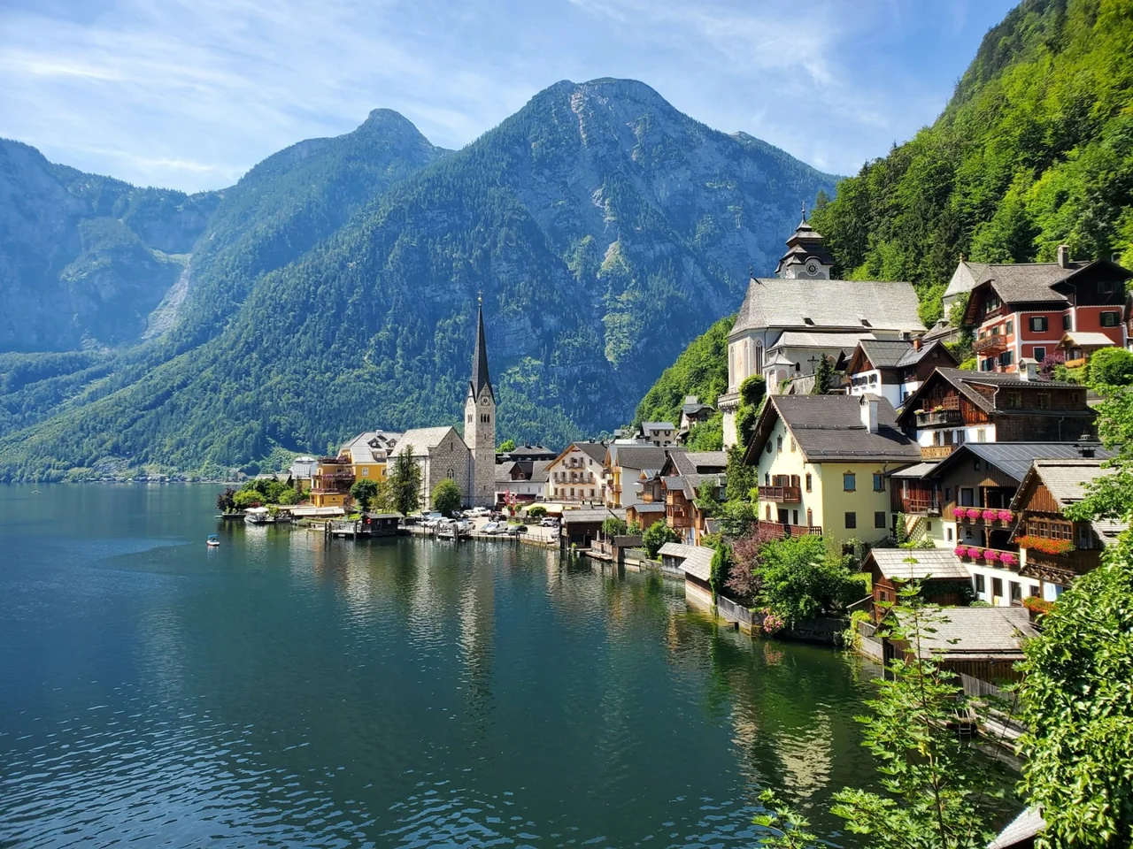 Before: photo of the Hallstatt lakeside village and mountains