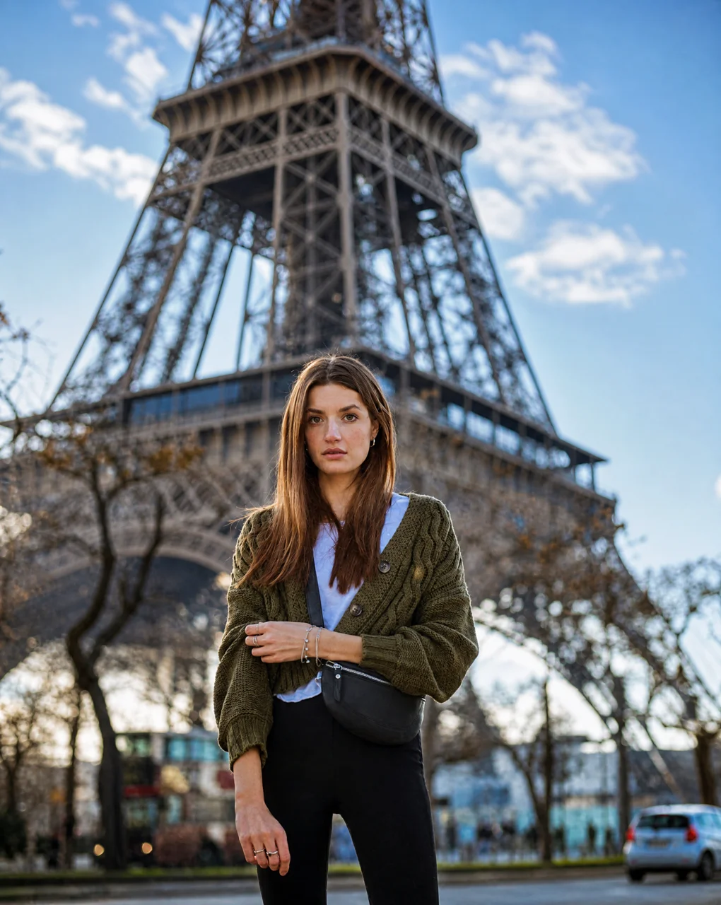 After: the same portrait with balanced exposure, a blue sky and natural skin tones