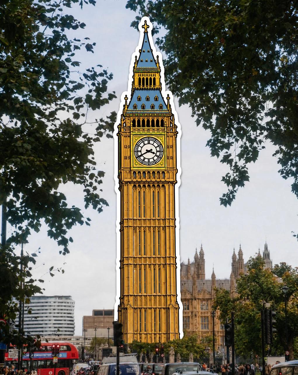 After: Big Ben redrawn as a colorful sticker with a white border, the street unchanged