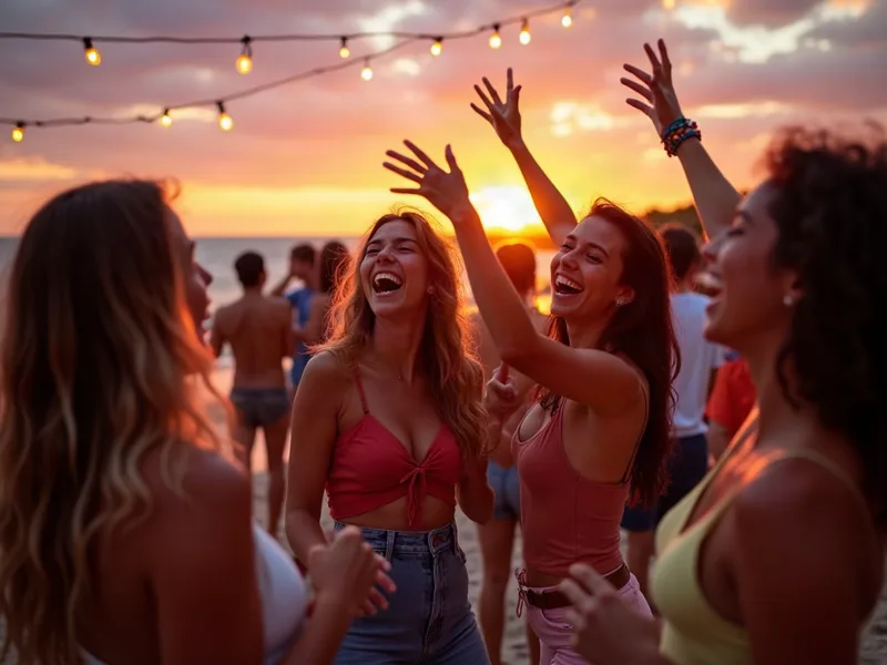 Friends dancing at a beach party under string lights at sunset