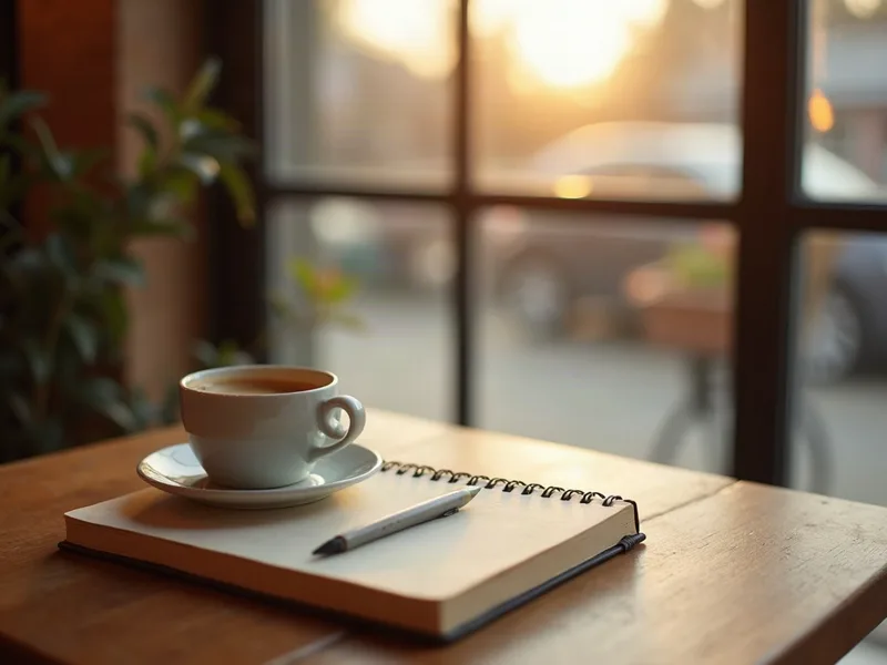 Coffee cup and notebook on a café table by a sunlit window