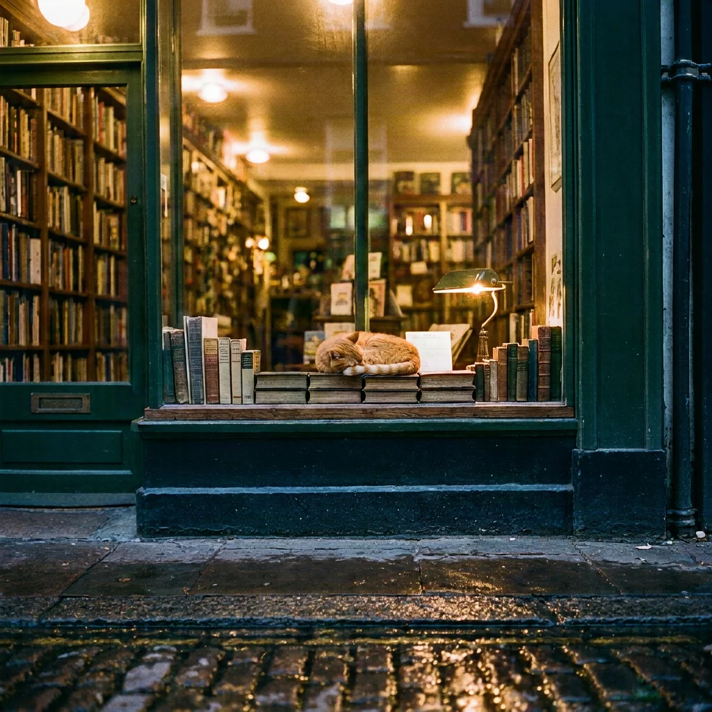 A bookshop window at dusk with a ginger cat asleep on a stack of books