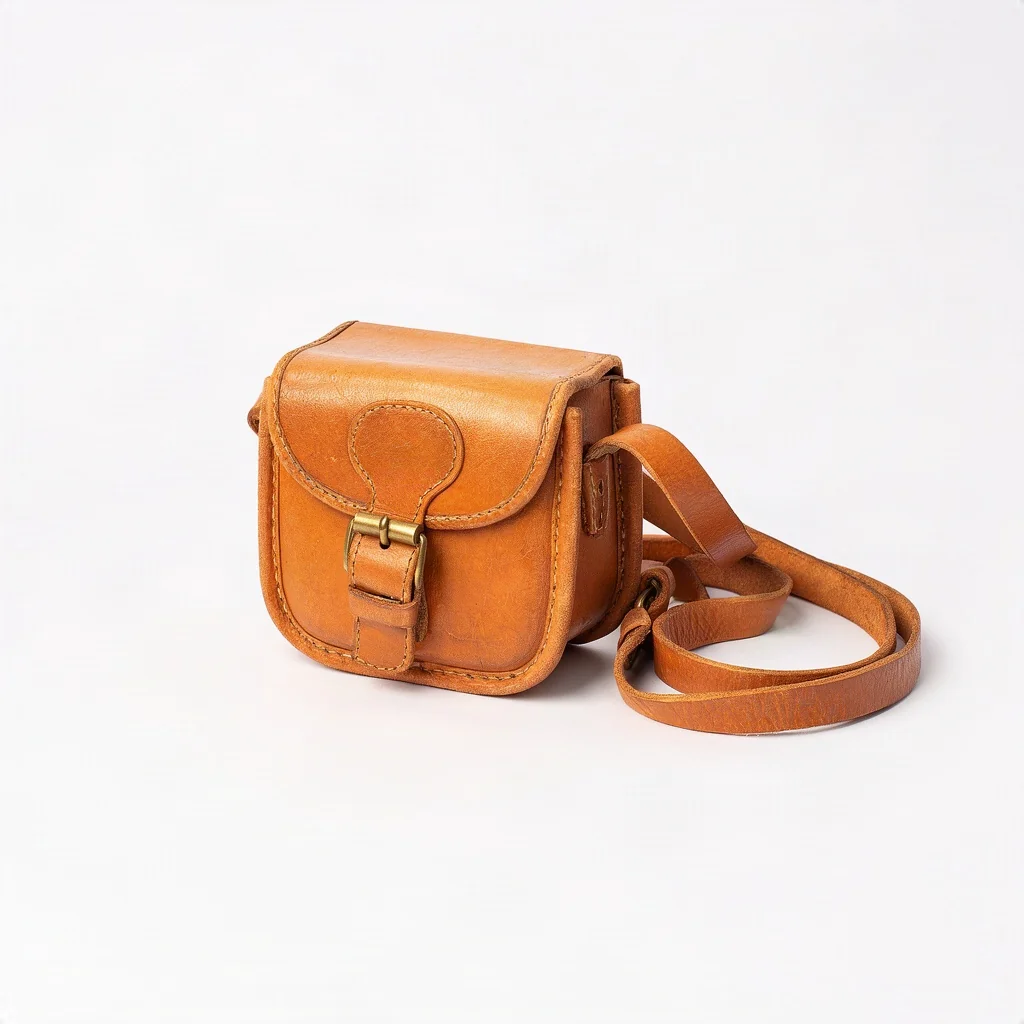 Product photo of a tan leather camera bag