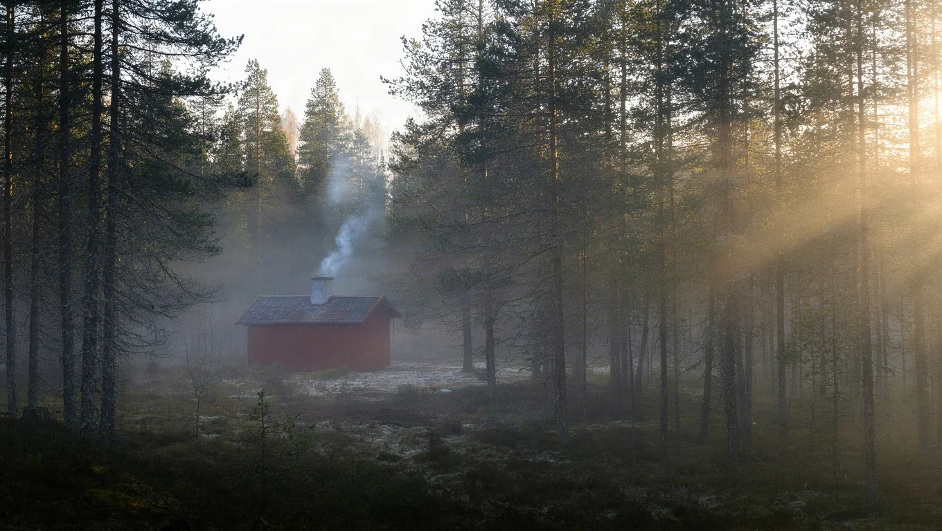 A red cabin in a misty pine forest at sunrise
