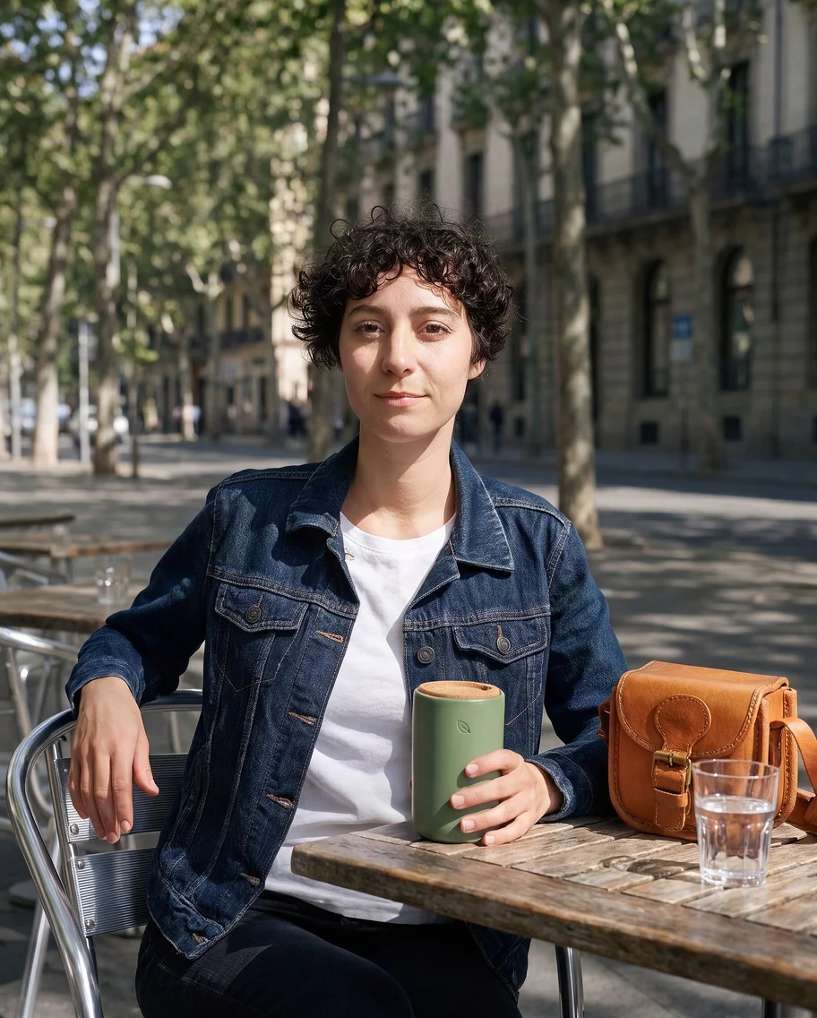 Krea 3 result: the woman at a cafe table holding the travel mug, with the camera bag beside her