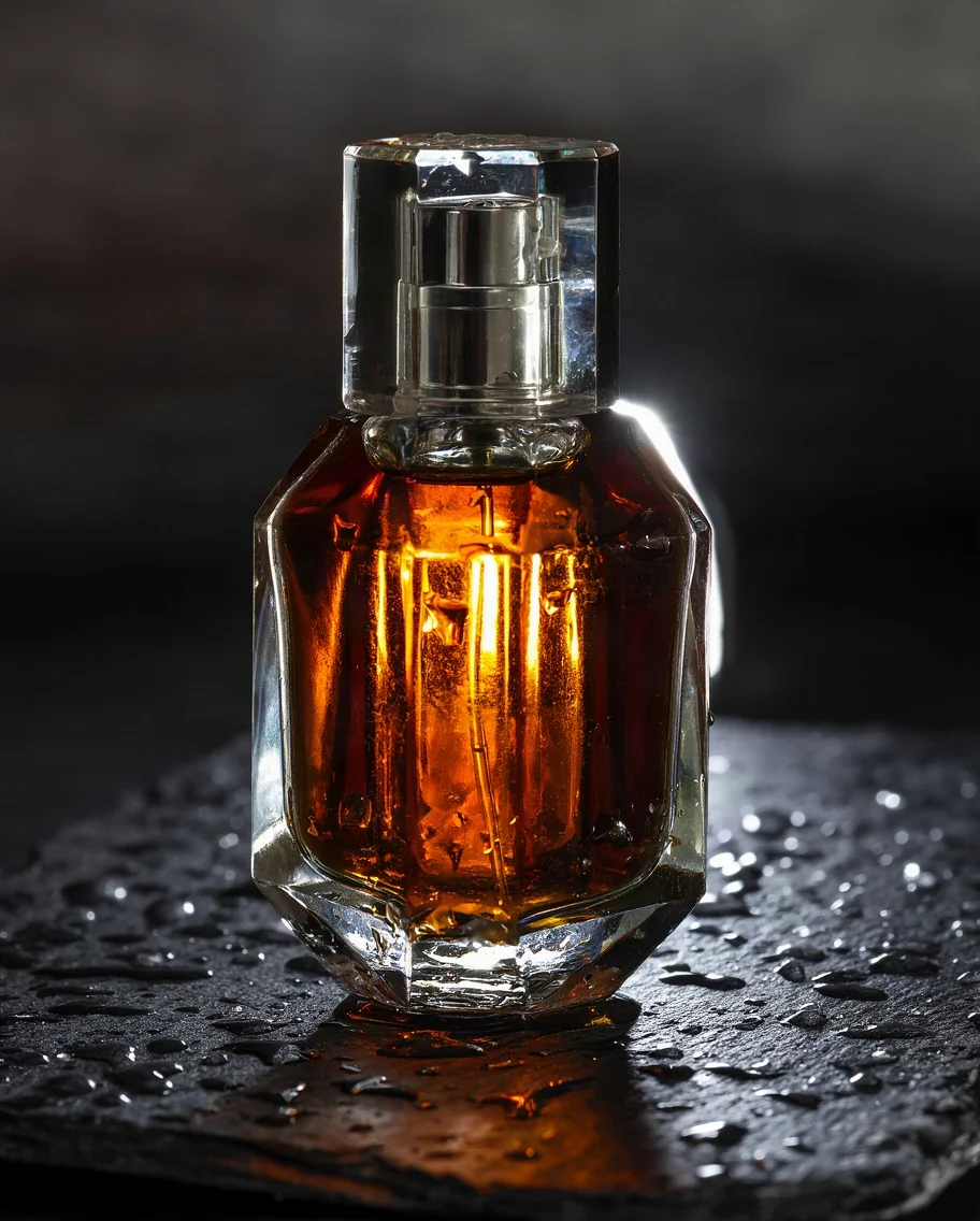 A glass perfume bottle with amber liquid on wet black slate