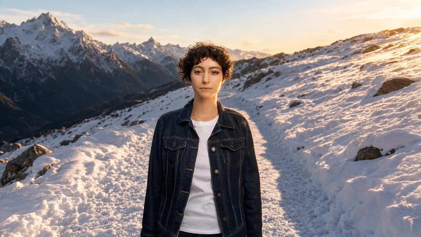 The same woman on a snowy mountain trail at golden hour, made with Krea 3