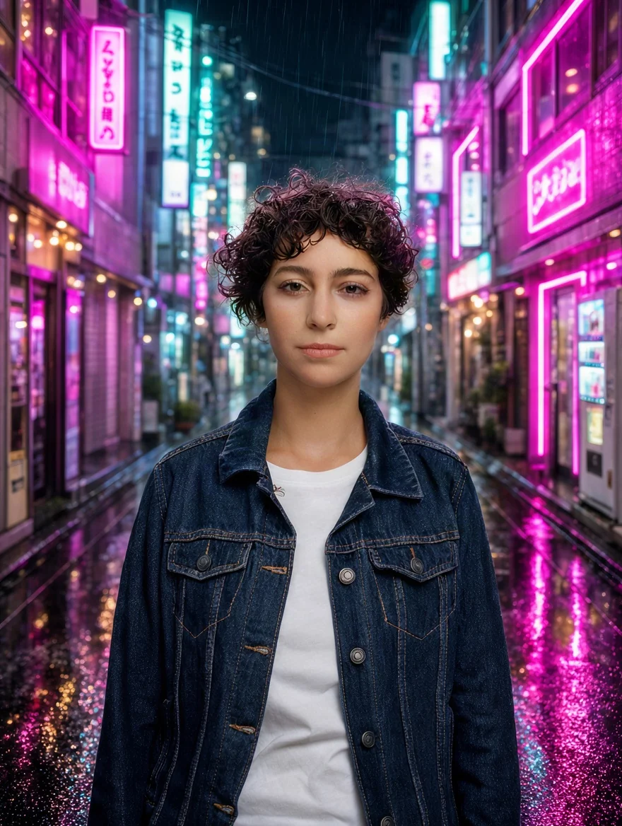 The same woman in a neon-lit Tokyo alley at night, made with Krea 3