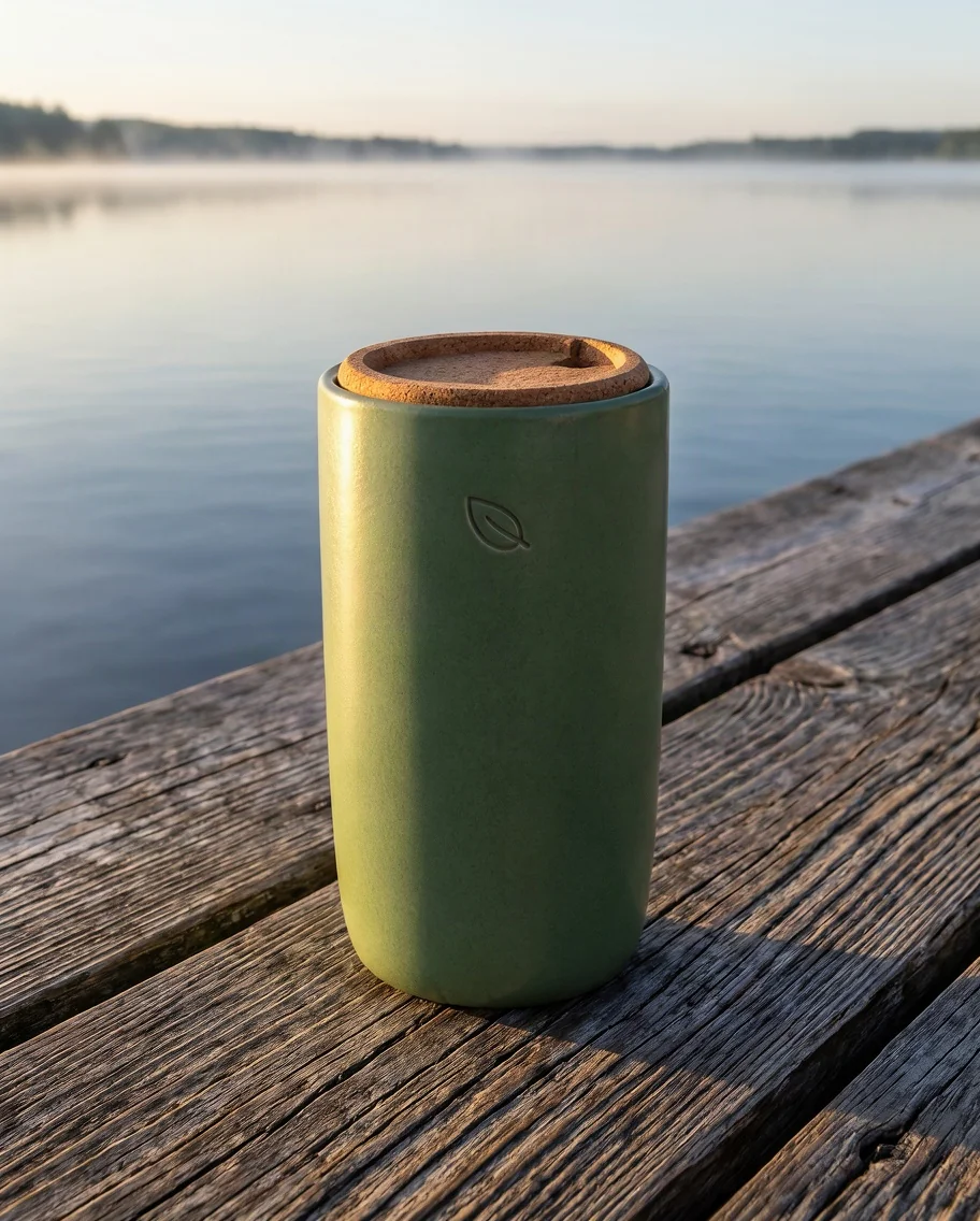 The travel mug on a wooden dock by a misty lake at sunrise, made with Krea 3