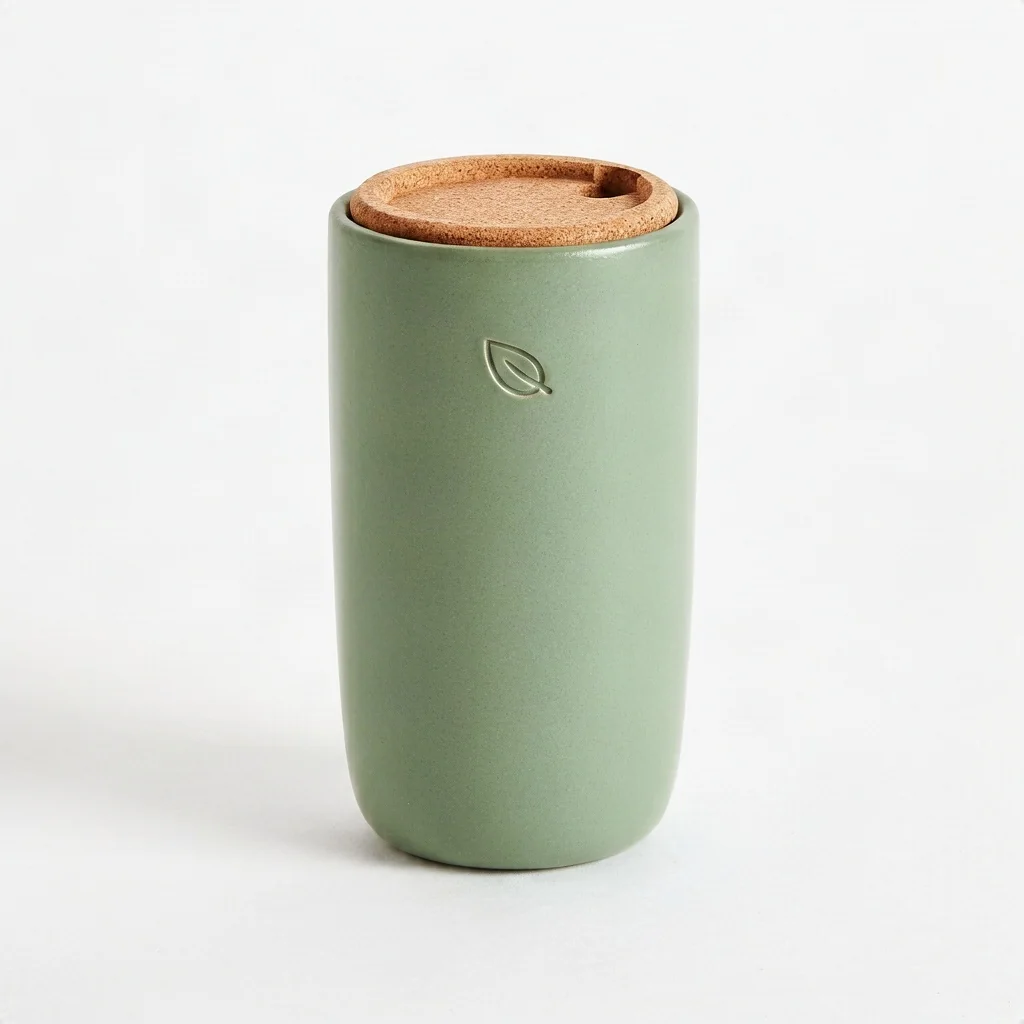 Product photo of a sage-green ceramic travel mug with a cork lid