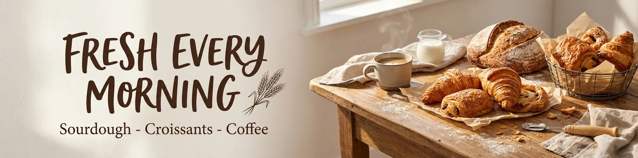 4:1 bakery web banner with the hand-lettered headline FRESH EVERY MORNING next to loaves and croissants