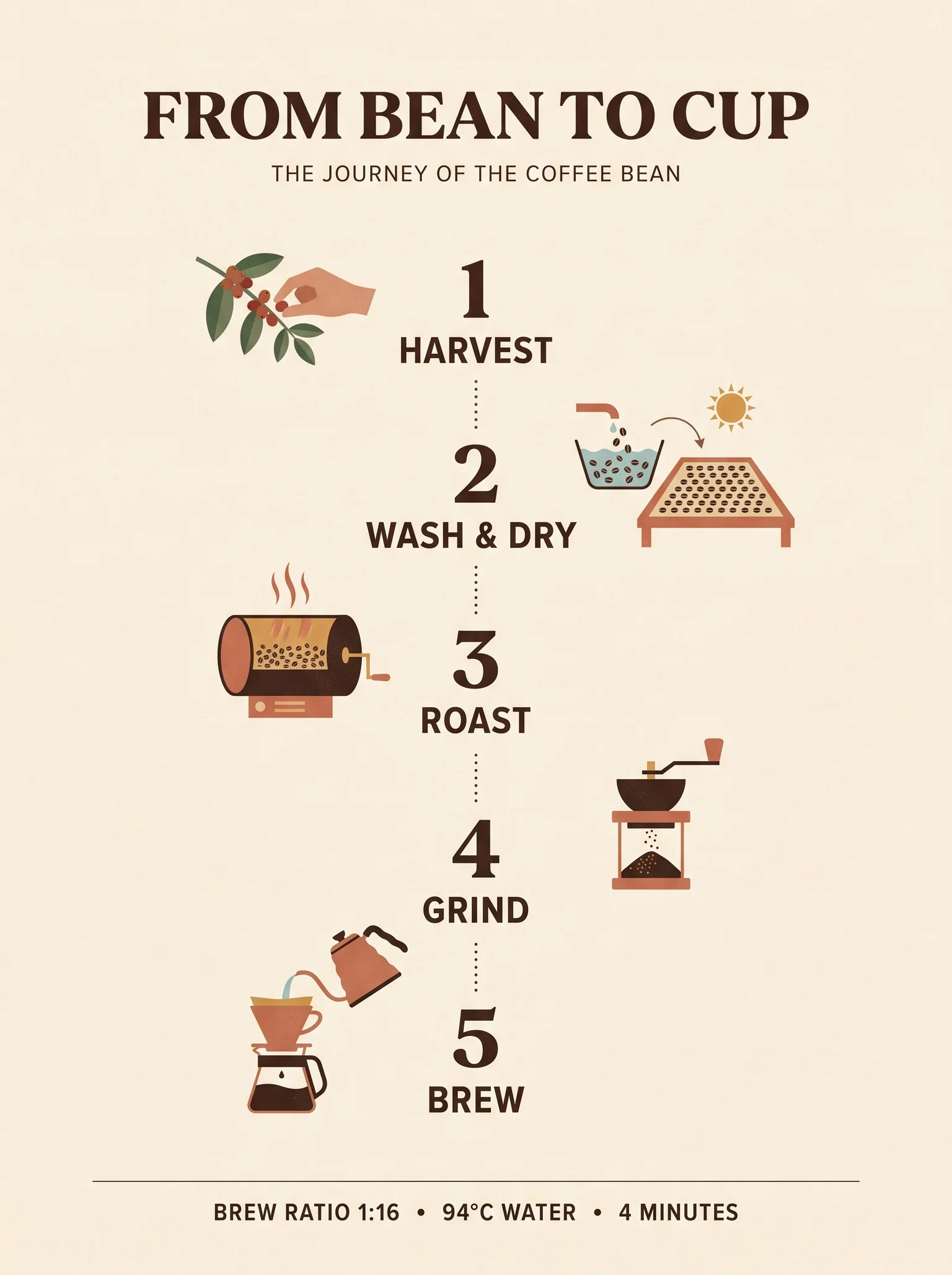 2K infographic poster titled FROM BEAN TO CUP with five numbered coffee steps, made with Nano Banana 2.1