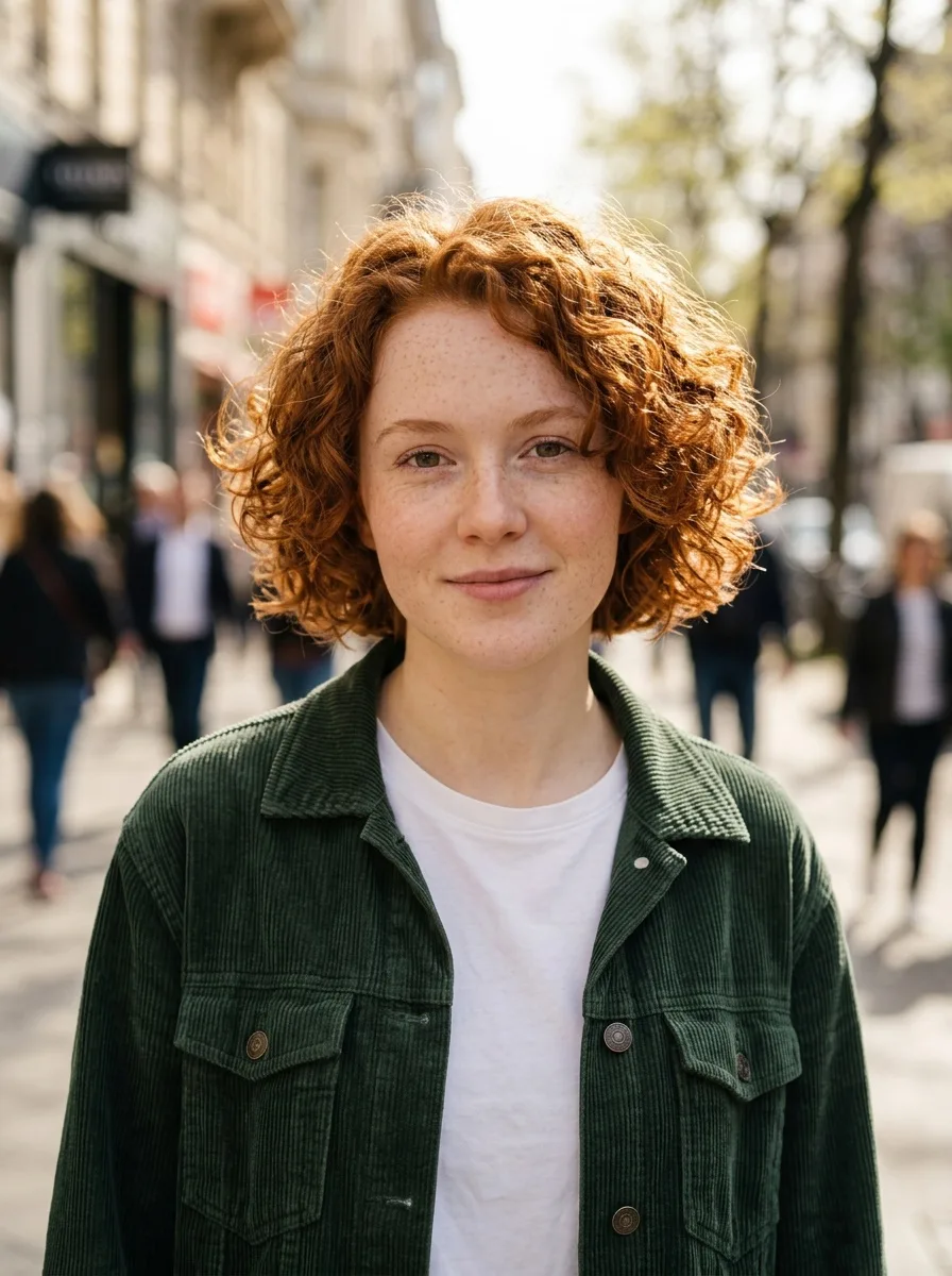 After: the same woman in a dark green corduroy jacket on a sunny city street