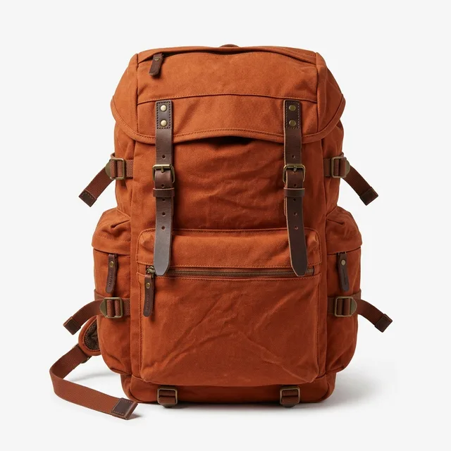 Reference photo of a rust orange canvas backpack with leather straps