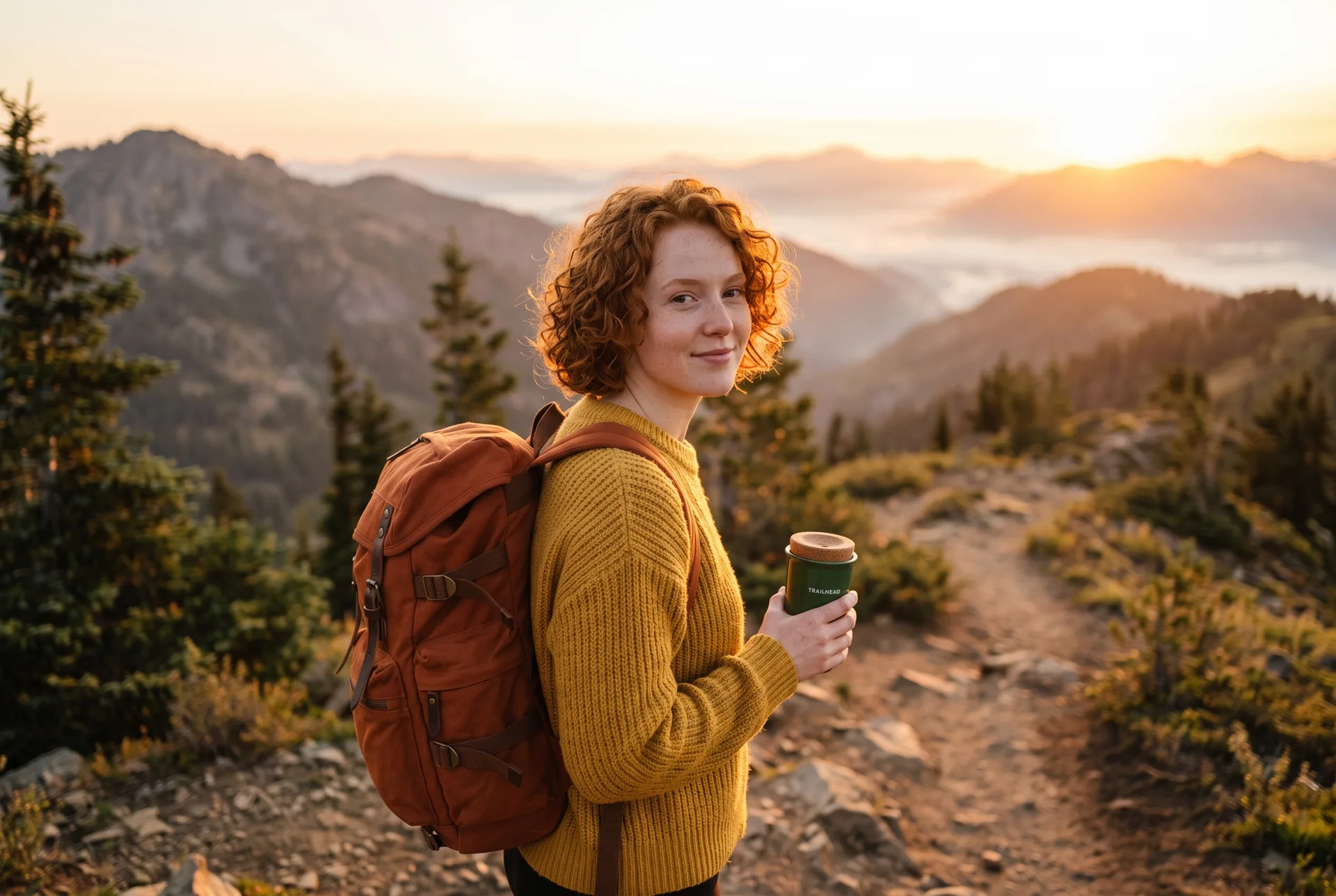 The same woman on a mountain trail at sunrise wearing the orange backpack and holding the green travel mug, made with Nano Banana 2.1