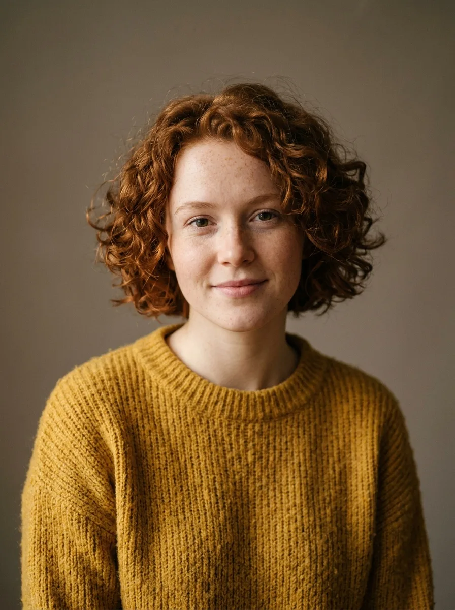 Before: portrait of a woman with curly red hair in a yellow sweater on a grey backdrop