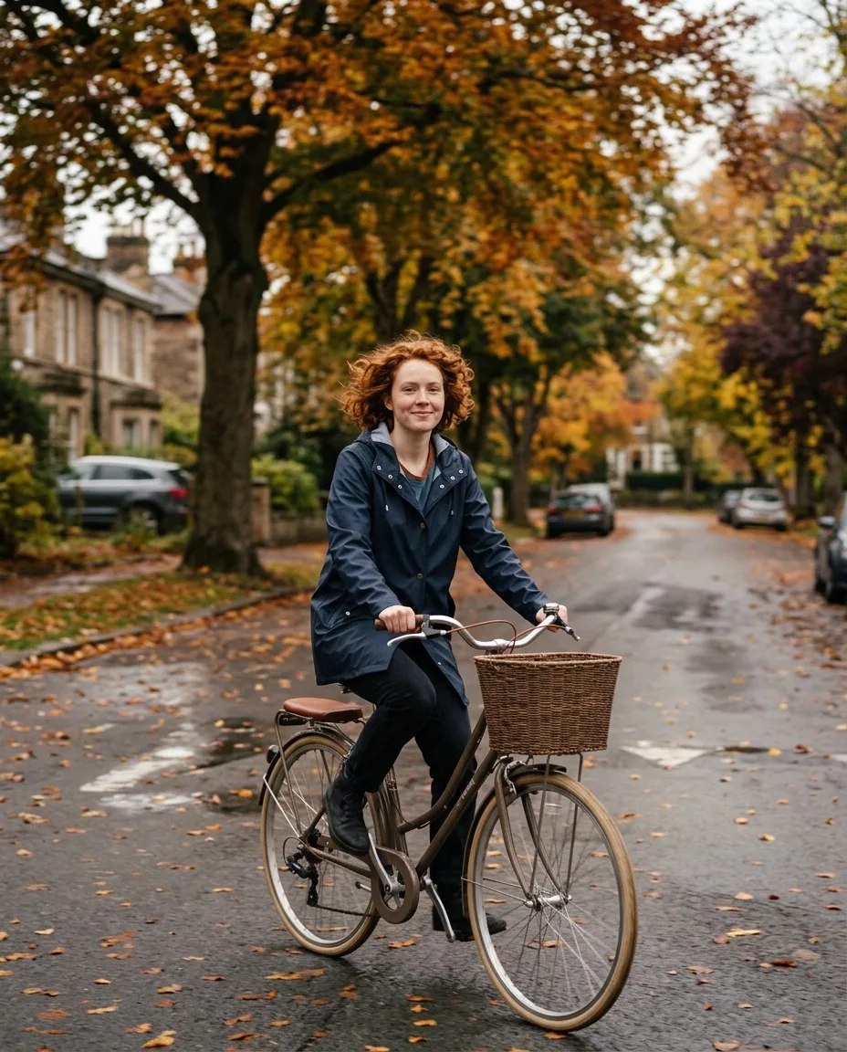 La misma mujer pelirroja en una bicicleta vintage por una calle otoñal, con impermeable azul marino