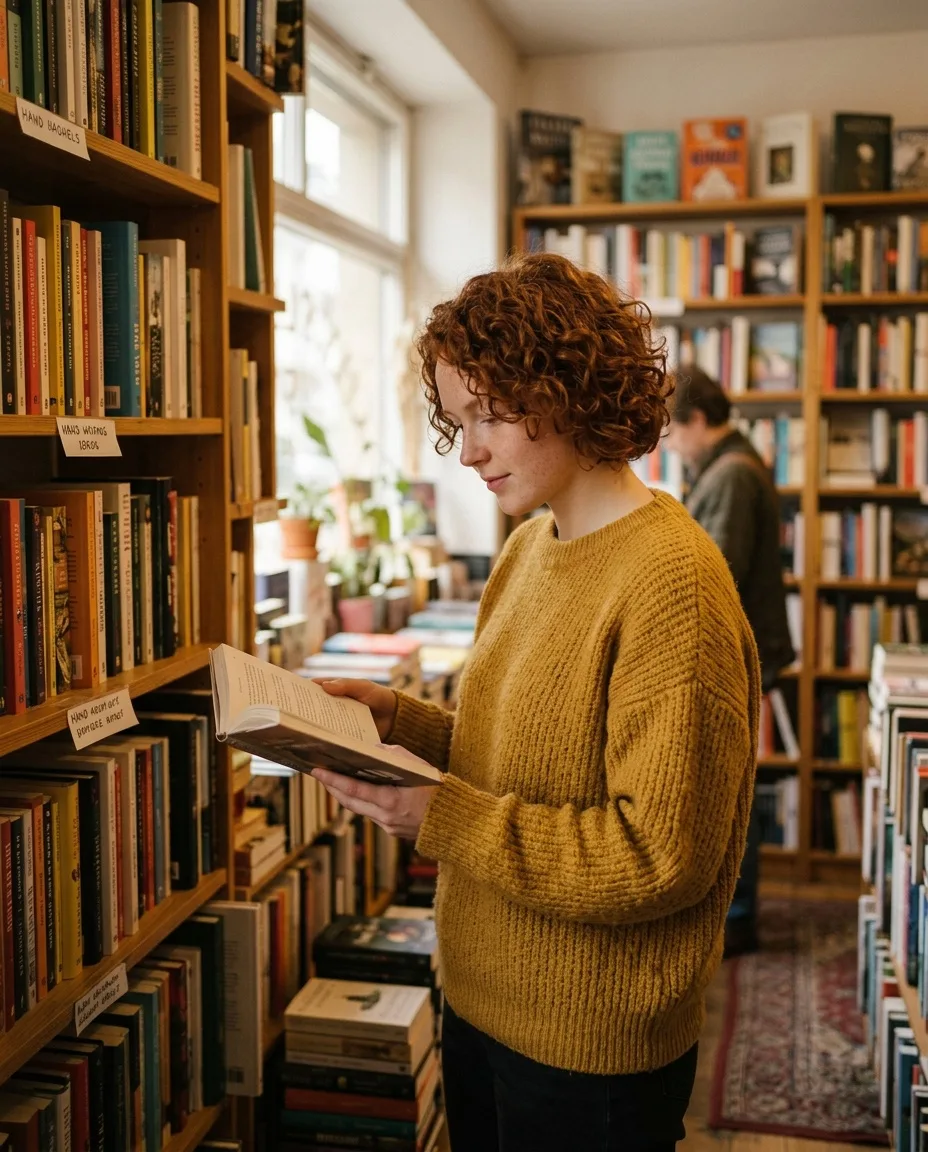 La misma mujer pelirroja hojeando libros en una librería acogedora