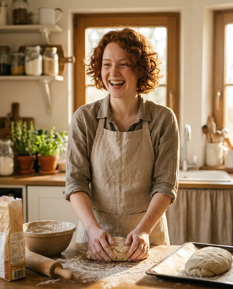 La misma mujer pelirroja riendo mientras hornea pan en una cocina soleada