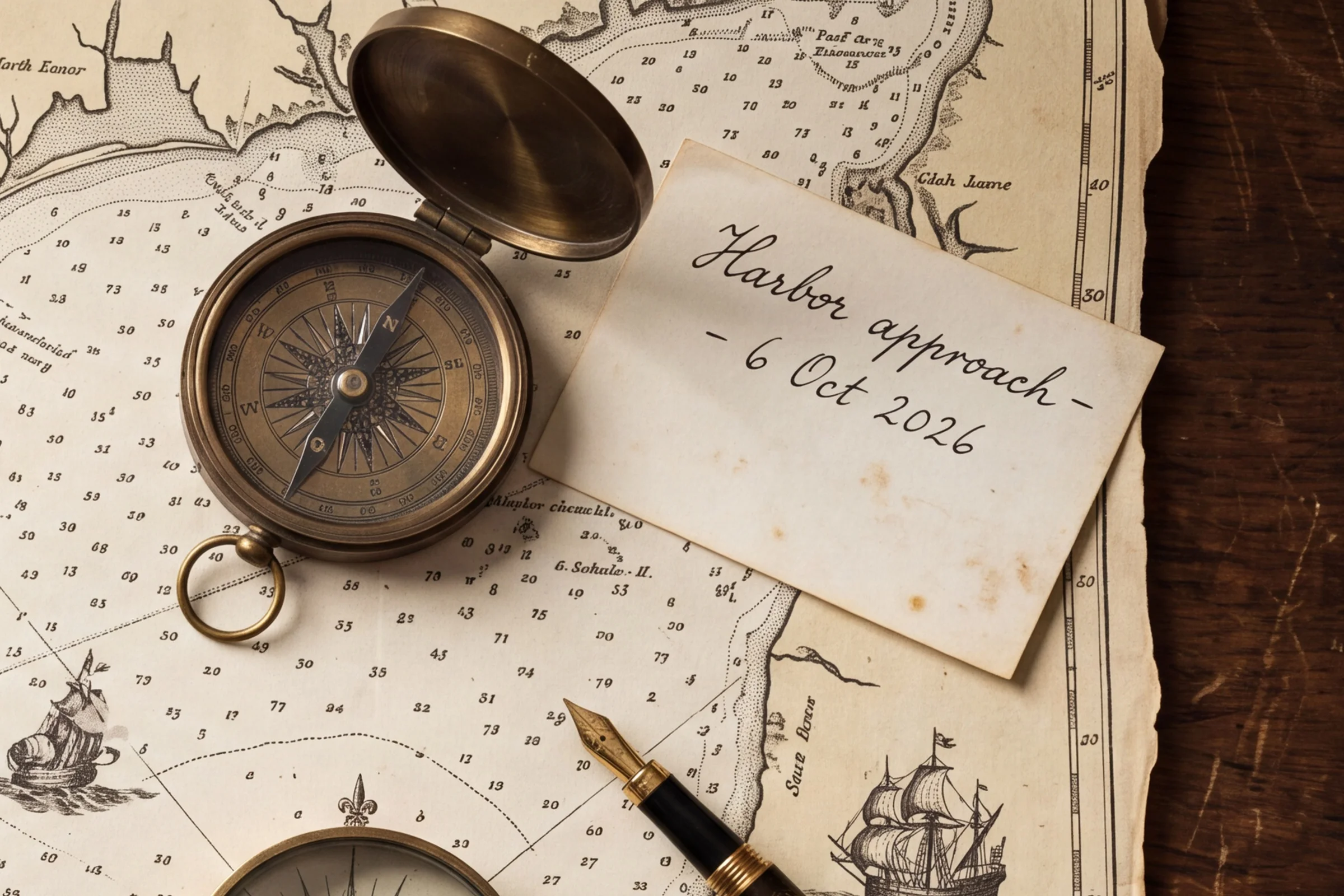 Crop of the same 4K image showing the brass compass, depth numbers and a note card that reads Harbor approach 6 Oct 2026