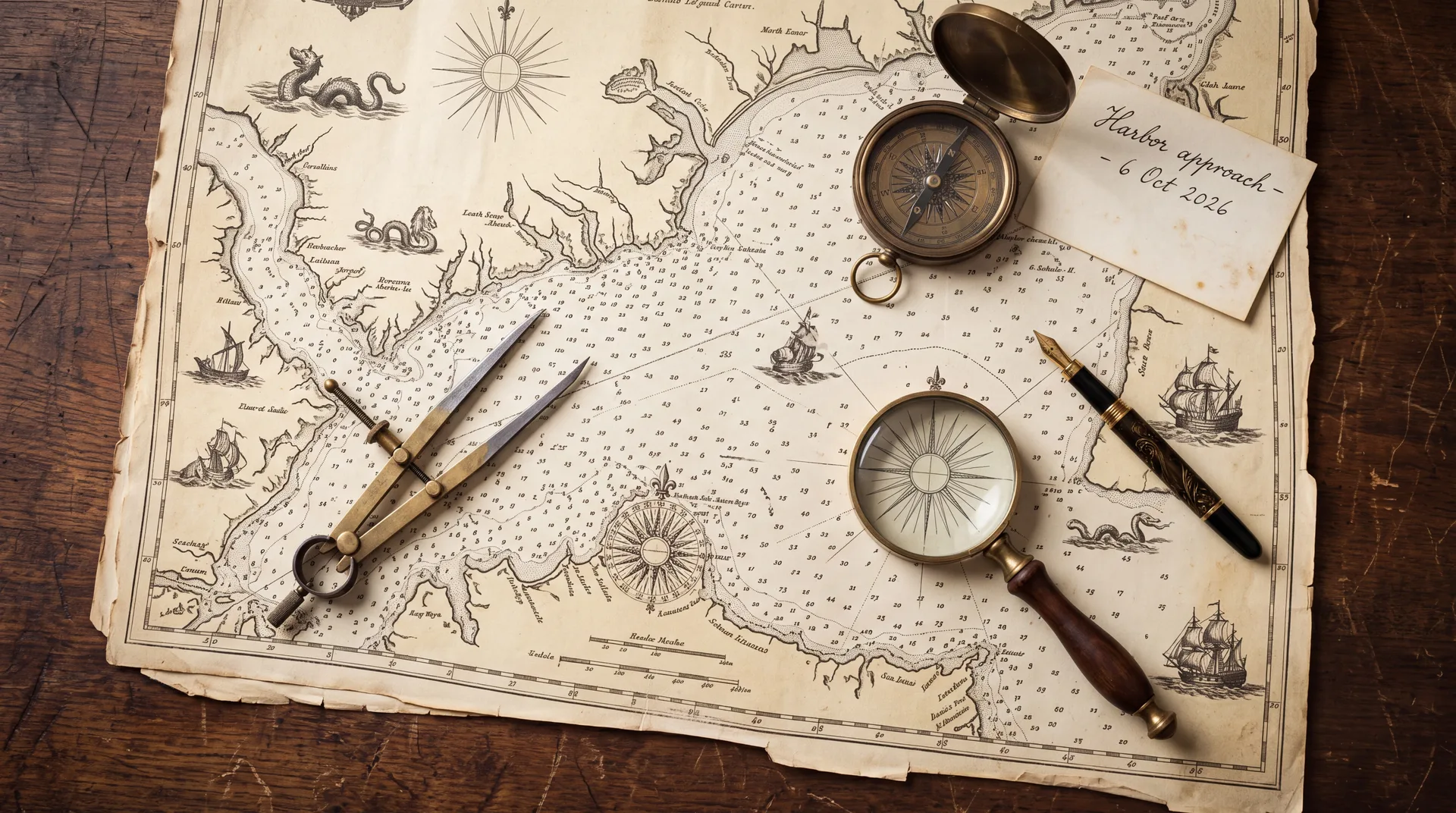 4K overhead photo of an antique sea chart on a walnut desk with a compass, dividers, a magnifying glass and a pen, made with Nano Banana 2.1