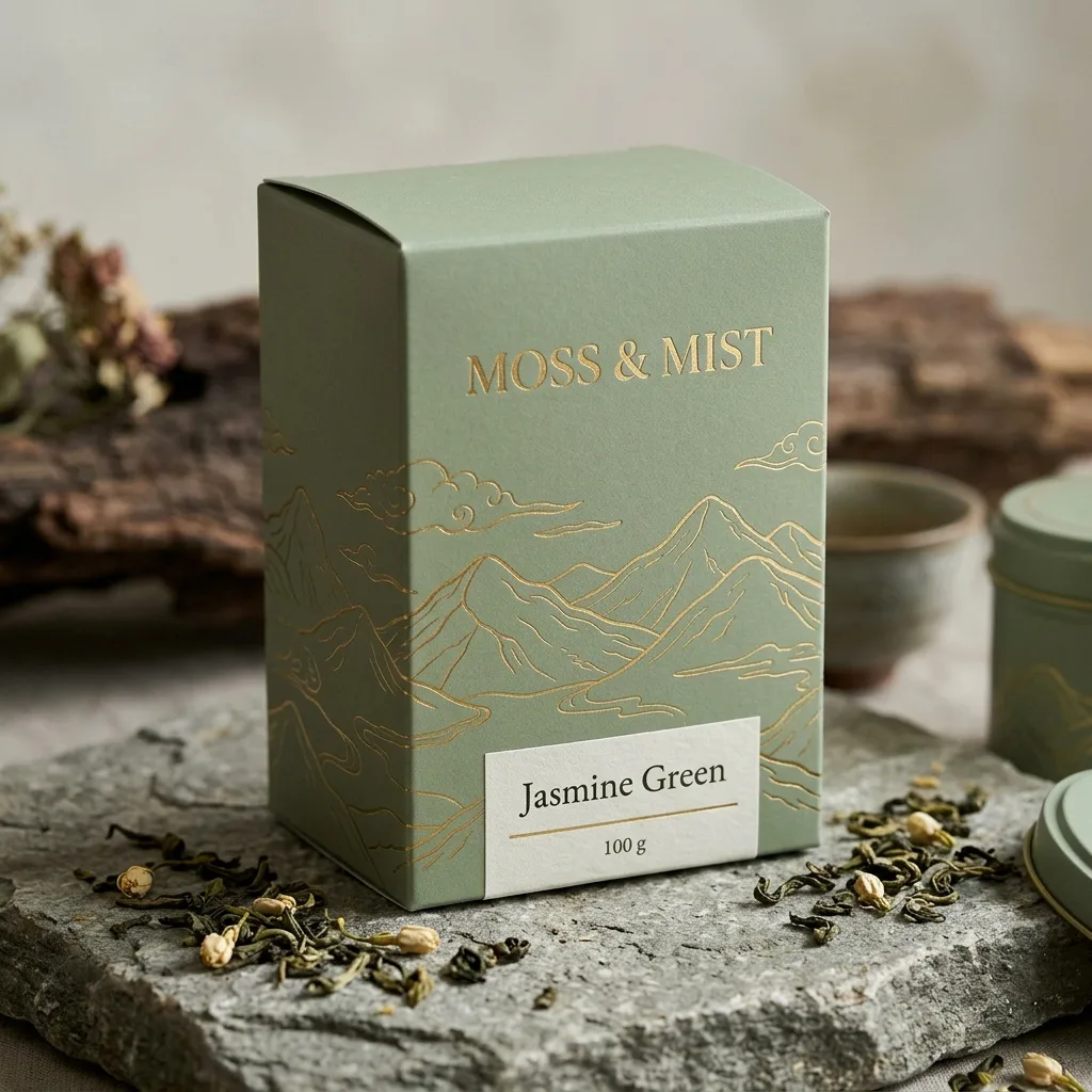 Sage green tea box with gold mountain line art, the name MOSS & MIST and a Jasmine Green 100 g label