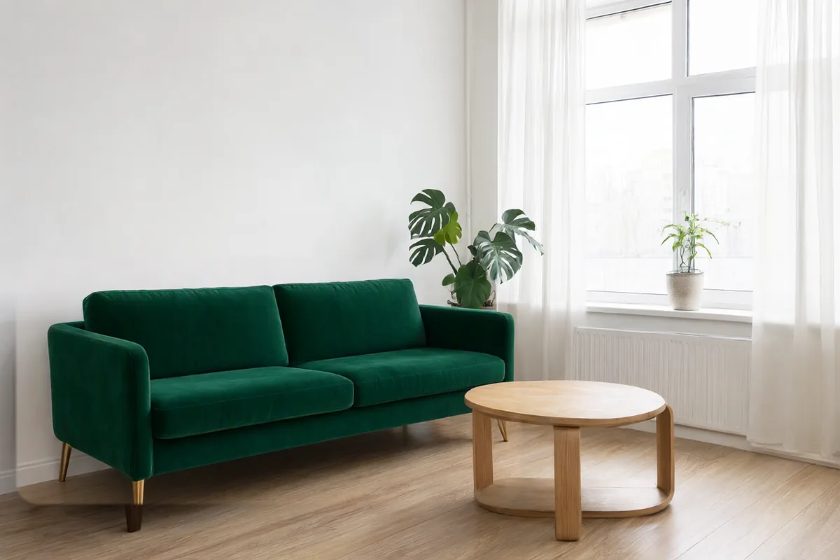 The same living room with the sofa replaced by an emerald velvet sofa