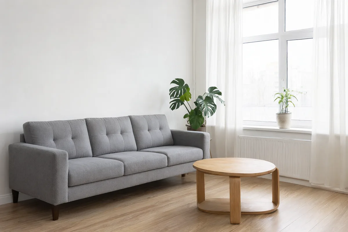 Living room with a gray fabric sofa, before editing