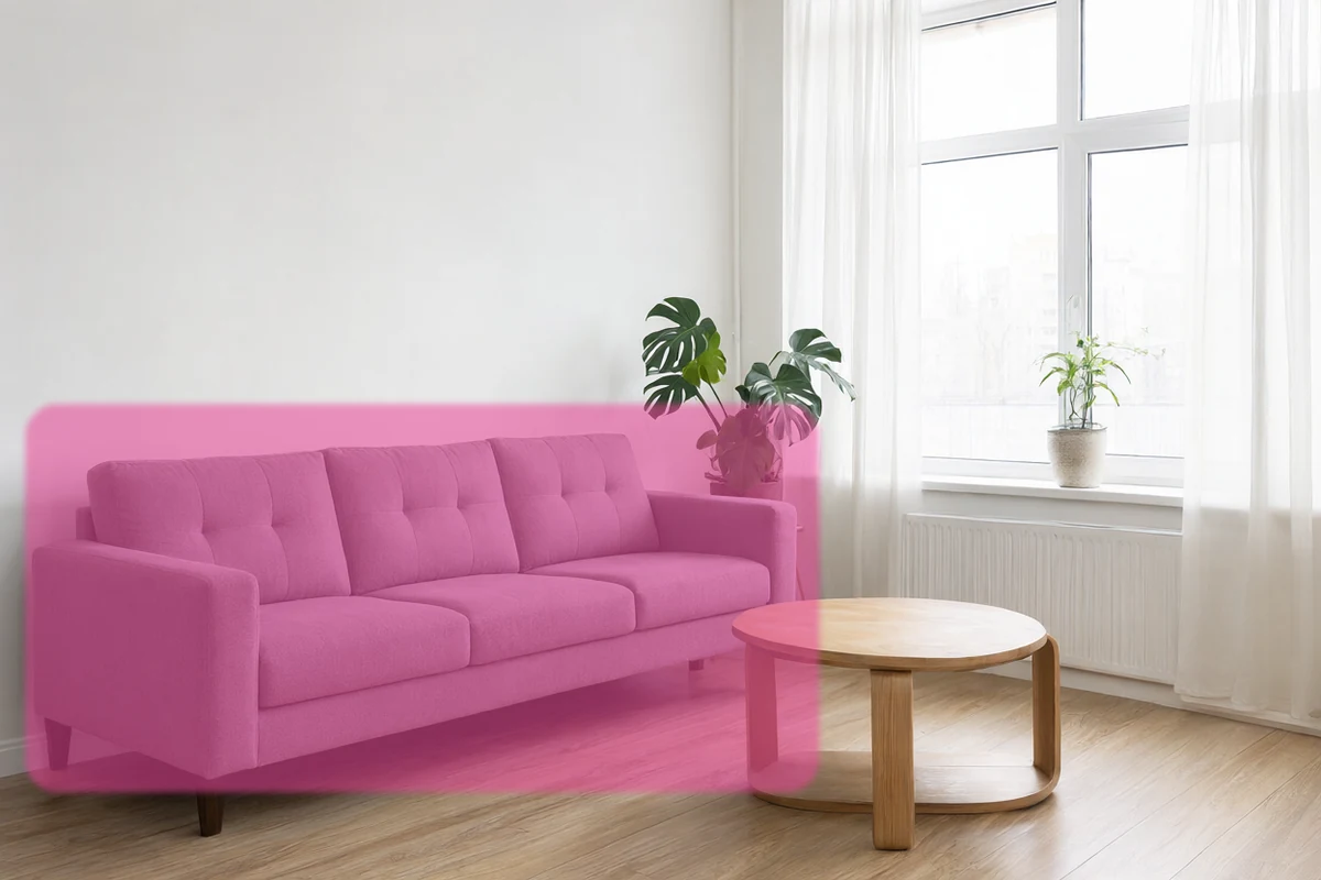 The same living room with the sofa area painted as the edit mask
