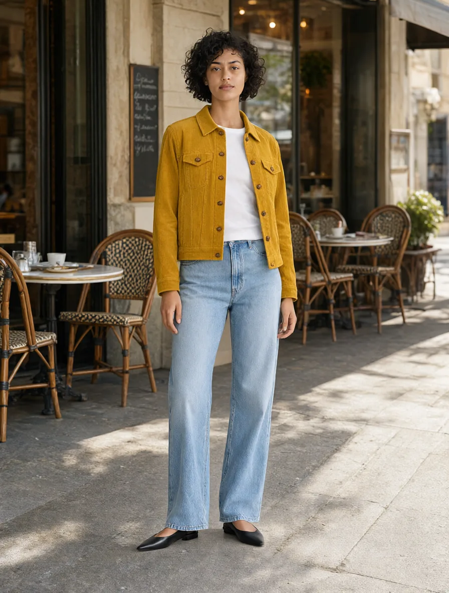 Qwen Image 2.1 multi-image edit: a woman from one photo wearing a jacket from another photo on a cafe street